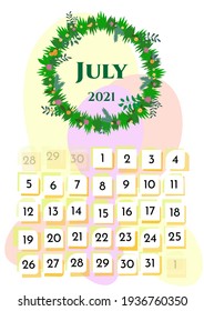 Wall calendar page template with seasonal graphics for month. July summer themed calender page