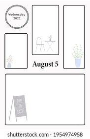 Wall calendar page template with seasonal graphics for month. August summer themed calender page