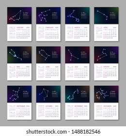 Wall calendar pages set for 2020 year with zodiac constellations. Twelve star signs and dates of birth on deep space background. Astrology horoscopes with unique personality traits vector illustration