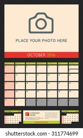 Wall Calendar Planner for 2016 Year. Vector Design Print Template with Place for Photo on Dark Background. Week Starts Sunday. Portrait Orientation. October