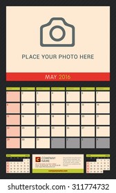 Wall Calendar Planner for 2016 Year. Vector Design Print Template with Place for Photo on Dark Background. Week Starts Sunday. Portrait Orientation. May