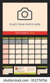 Wall Calendar Planner for 2016 Year. Vector Design Print Template with Place for Photo on Dark Background. Week Starts Sunday. Portrait Orientation. September