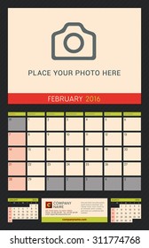 Wall Calendar Planner for 2016 Year. Vector Design Print Template with Place for Photo on Dark Background. Week Starts Sunday. Portrait Orientation. February