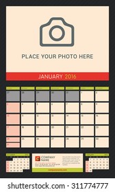 Wall Calendar Planner for 2016 Year. Vector Design Print Template with Place for Photo on Dark Background. Week Starts Sunday. Portrait Orientation. January