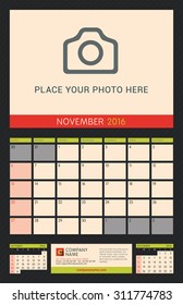 Wall Calendar Planner for 2016 Year. Vector Design Print Template with Place for Photo on Dark Background. Week Starts Sunday. Portrait Orientation. November