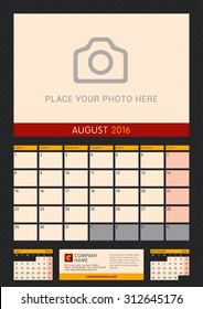 Wall Calendar Planner for 2016 Year. Vector Design Print Template with Place for Photo on Dark Background. Week Starts Monday. Portrait Orientation. August