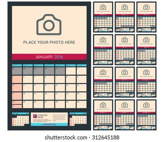 Wall Calendar Planner for 2016 Year. Vector Design Print Template with Place for Photo on Dark Background. Week Starts Sunday. Portrait Orientation. Set of 12 Months