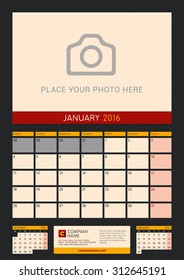 Wall Calendar Planner for 2016 Year. Vector Design Print Template with Place for Photo on Dark Background. Week Starts Monday. Portrait Orientation. January