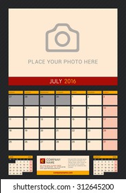 Wall Calendar Planner for 2016 Year. Vector Design Print Template with Place for Photo on Dark Background. Week Starts Monday. Portrait Orientation. July