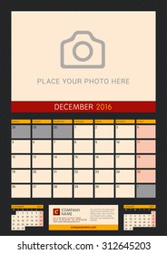 Wall Calendar Planner for 2016 Year. Vector Design Print Template with Place for Photo on Dark Background. Week Starts Monday. Portrait Orientation. December