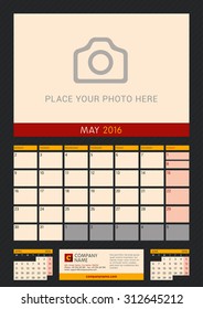 Wall Calendar Planner for 2016 Year. Vector Design Print Template with Place for Photo on Dark Background. Week Starts Monday. Portrait Orientation. May