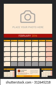 Wall Calendar Planner for 2016 Year. Vector Design Print Template with Place for Photo on Dark Background. Week Starts Monday. Portrait Orientation. February
