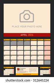 Wall Calendar Planner for 2016 Year. Vector Design Print Template with Place for Photo on Dark Background. Week Starts Monday. Portrait Orientation. April
