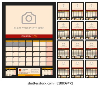 Wall Calendar Planner for 2016 Year. Vector Design Print Template with Place for Photo on Dark Background. Week Starts Monday. Portrait Orientation. Set of 12 Months