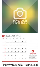 Wall Calendar Planner for 2016 Year. Vector Design Print Template with Place for Photo, Notes and Company Iformation. Week Starts Sunday. August