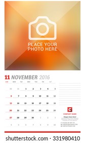 Wall Calendar Planner for 2016 Year. Vector Design Print Template with Place for Photo, Notes and Company Iformation. Week Starts Sunday. November