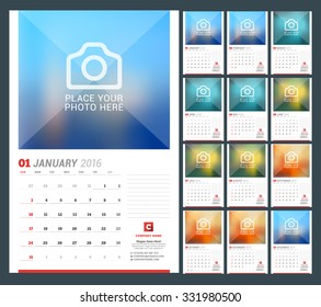 Wall Calendar Planner for 2016 Year. Vector Design Print Template with Place for Photo, Notes and Company Iformation. Week Starts Sunday. Set of 12 Months