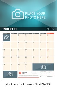 Wall Calendar Planner for 2016 Year. Vector Design Print Template with Place for Photos and Notes. Week Starts Monday. 3 Months on Page. March 2016