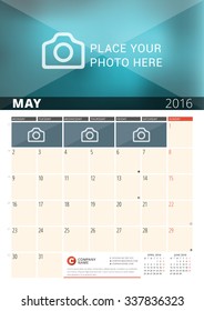 Wall Calendar Planner for 2016 Year. Vector Design Print Template with Place for Photos and Notes. Week Starts Monday. 3 Months on Page. May 2016