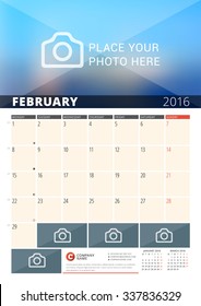 Wall Calendar Planner for 2016 Year. Vector Design Print Template with Place for Photos and Notes. Week Starts Monday. 3 Months on Page. February 2016