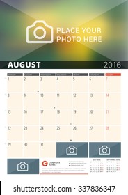 Wall Calendar Planner for 2016 Year. Vector Design Print Template with Place for Photos and Notes. Week Starts Monday. 3 Months on Page. August 2016