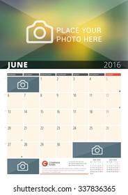 Wall Calendar Planner for 2016 Year. Vector Design Print Template with Place for Photos and Notes. Week Starts Monday. 3 Months on Page. June 2016