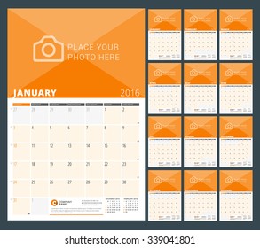 Wall Calendar Planner for 2016 Year. Vector Design Print Template with Place for Photo and Notes. Week Starts Sunday. 3 Months on Page. Set of 12 Months