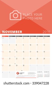 Wall Calendar Planner for 2016 Year. Vector Design Print Template with Place for Photo and Notes. Week Starts Sunday. 3 Months on Page. November 2016