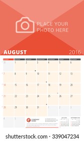 Wall Calendar Planner for 2016 Year. Vector Design Print Template with Place for Photo and Notes. Week Starts Sunday. 3 Months on Page. August 2016