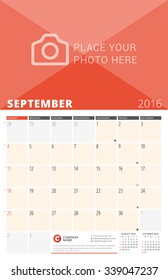 Wall Calendar Planner for 2016 Year. Vector Design Print Template with Place for Photo and Notes. Week Starts Sunday. 3 Months on Page. September 2016