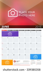 Wall Calendar Planner for 2016 Year. Vector Design Print Template with Place for Photos and Notes. Week Starts Sunday. 3 Months on Page. June