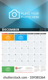 Wall Calendar Planner for 2016 Year. Vector Design Print Template with Place for Photos and Notes. Week Starts Sunday. 3 Months on Page. December