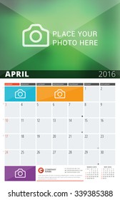 Wall Calendar Planner for 2016 Year. Vector Design Print Template with Place for Photos and Notes. Week Starts Sunday. 3 Months on Page. April