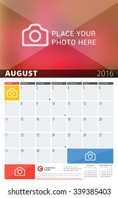 Wall Calendar Planner for 2016 Year. Vector Design Print Template with Place for Photos and Notes. Week Starts Sunday. 3 Months on Page. August