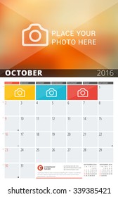 Wall Calendar Planner for 2016 Year. Vector Design Print Template with Place for Photos and Notes. Week Starts Sunday. 3 Months on Page. October