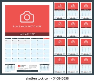 Wall Calendar Planner for 2016 Year. Vector Design Print Template with Place for Photo. Week Starts Monday. Set of 12 Months