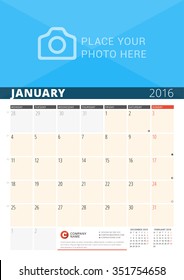 Wall Calendar Planner for 2016 Year. Vector Design Print Template with Place for Photo and Notes. Week Starts Monday. 3 Months on Page. January 2016