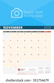 Wall Calendar Planner for 2016 Year. Vector Design Print Template with Place for Photo and Notes. Week Starts Monday. 3 Months on Page. November 2016