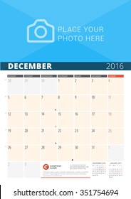 Wall Calendar Planner for 2016 Year. Vector Design Print Template with Place for Photo and Notes. Week Starts Monday. 3 Months on Page. December 2016