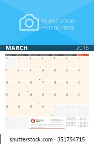 Wall Calendar Planner for 2016 Year. Vector Design Print Template with Place for Photo and Notes. Week Starts Monday. 3 Months on Page. March 2016