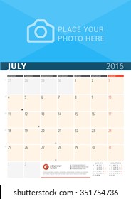 Wall Calendar Planner for 2016 Year. Vector Design Print Template with Place for Photo and Notes. Week Starts Monday. 3 Months on Page. July 2016