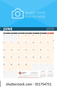 Wall Calendar Planner for 2016 Year. Vector Design Print Template with Place for Photo and Notes. Week Starts Monday. 3 Months on Page. June 2016