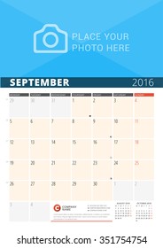 Wall Calendar Planner for 2016 Year. Vector Design Print Template with Place for Photo and Notes. Week Starts Monday. 3 Months on Page. September 2016