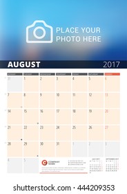 Wall Calendar Planner for 2017 Year. Vector Design Print Template with Place for Photo and Notes. Phases of the Moon. Week Starts Monday. 3 Months on Page. August 2017