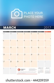 Wall Calendar Planner for 2017 Year. Vector Design Print Template with Place for Photo and Notes. Phases of the Moon. Week Starts Monday. 3 Months on Page. March 2017