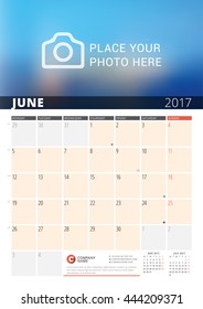 Wall Calendar Planner for 2017 Year. Vector Design Print Template with Place for Photo and Notes. Phases of the Moon. Week Starts Monday. 3 Months on Page. June 2017