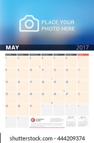 Wall Calendar Planner for 2017 Year. Vector Design Print Template with Place for Photo and Notes. Phases of the Moon. Week Starts Monday. 3 Months on Page. May 2017