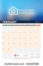 Wall Calendar Planner for 2017 Year. Vector Design Print Template with Place for Photo and Notes. Phases of the Moon. Week Starts Monday. 3 Months on Page. February 2017