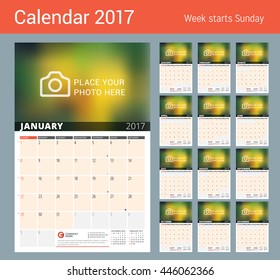 Wall Calendar Planner for 2017 Year. Vector Design Print Template with Place for Photo and Notes. Phases of the Moon. Week Starts Sunday. 3 Months on Page. Set of 12 Months