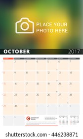 Wall Calendar Planner for 2017 Year. Vector Design Print Template with Place for Photo and Notes. Phases of the Moon. Week Starts Sunday. 3 Months on Page. October 2017